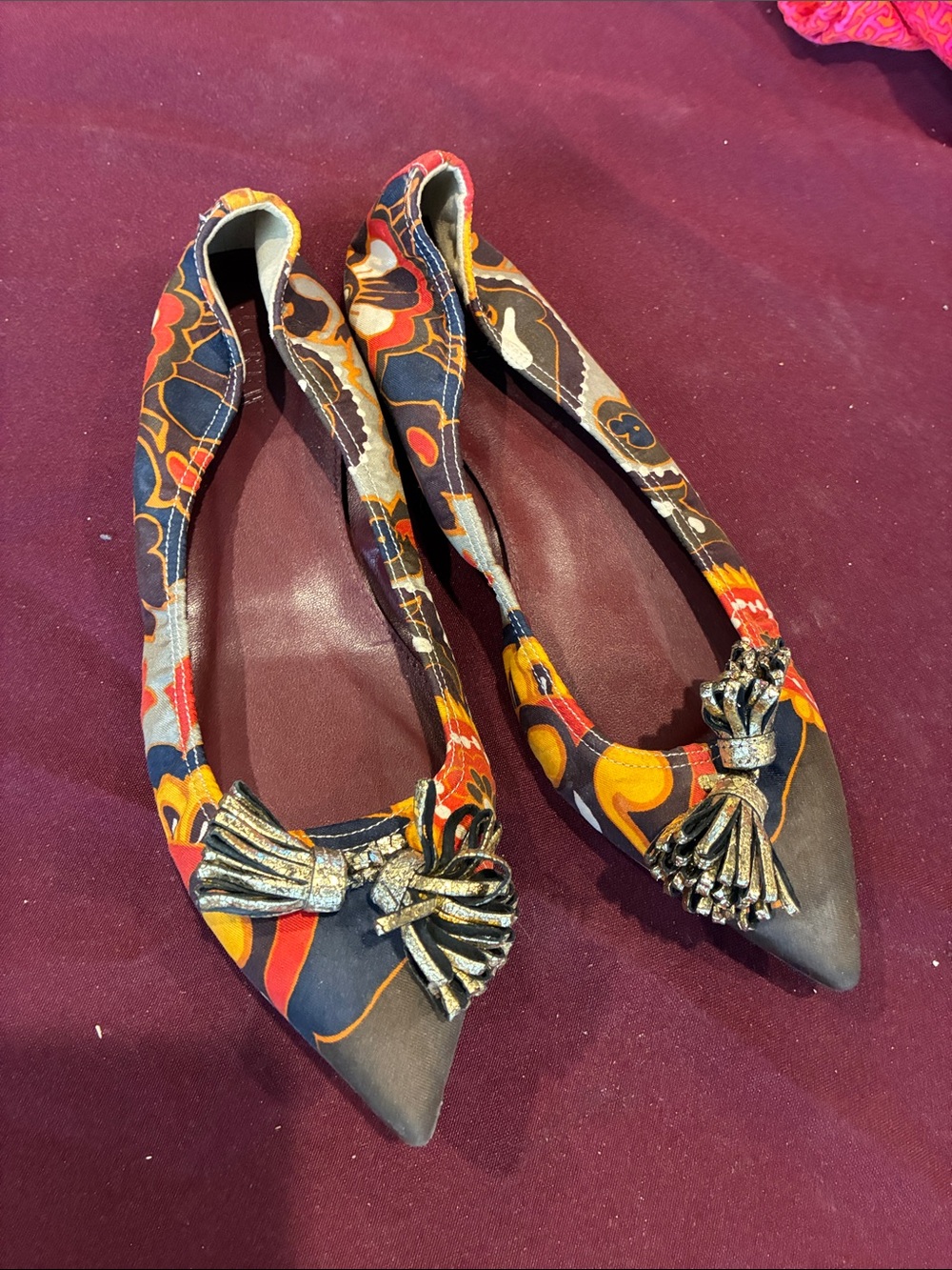 J Crew Women's Pointed Ballet Flats in Multicolor Floral with Crystal Tassel